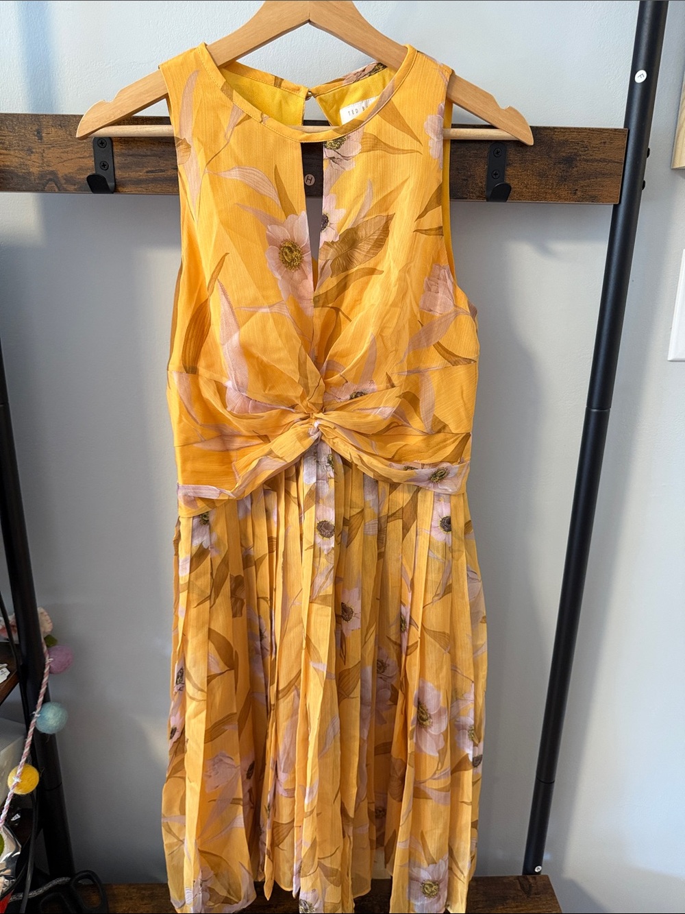 Ted Baker Yellow Floral Knot-Front Pleated Midi Dress